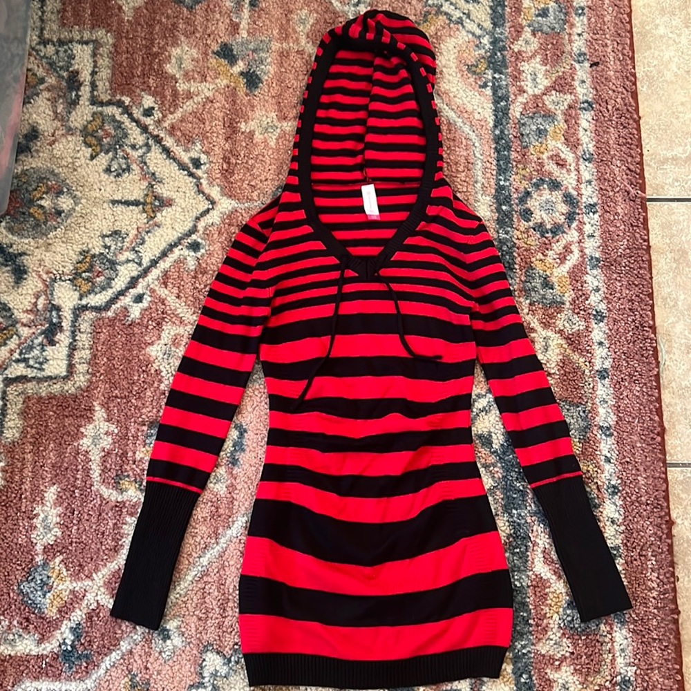 Red and black stripped sweater dress with hood